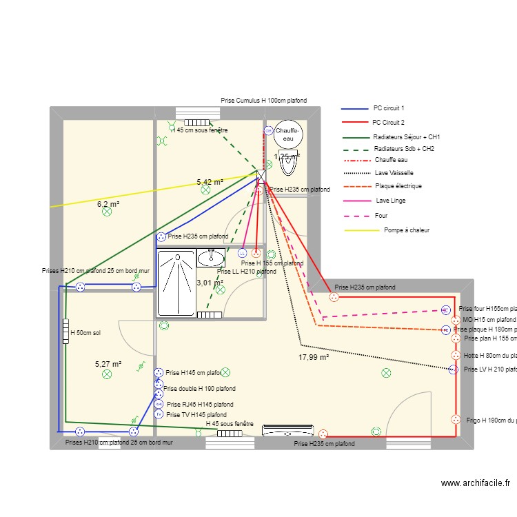 Electricité Gite 1. Plan de 6 pièces et 39 m2