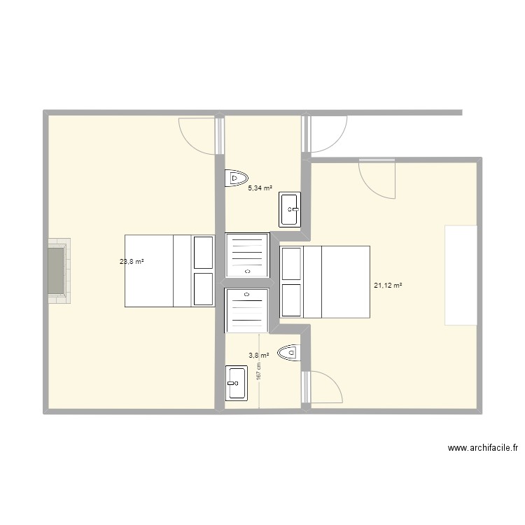 SDB WC 2. Plan de 4 pièces et 54 m2