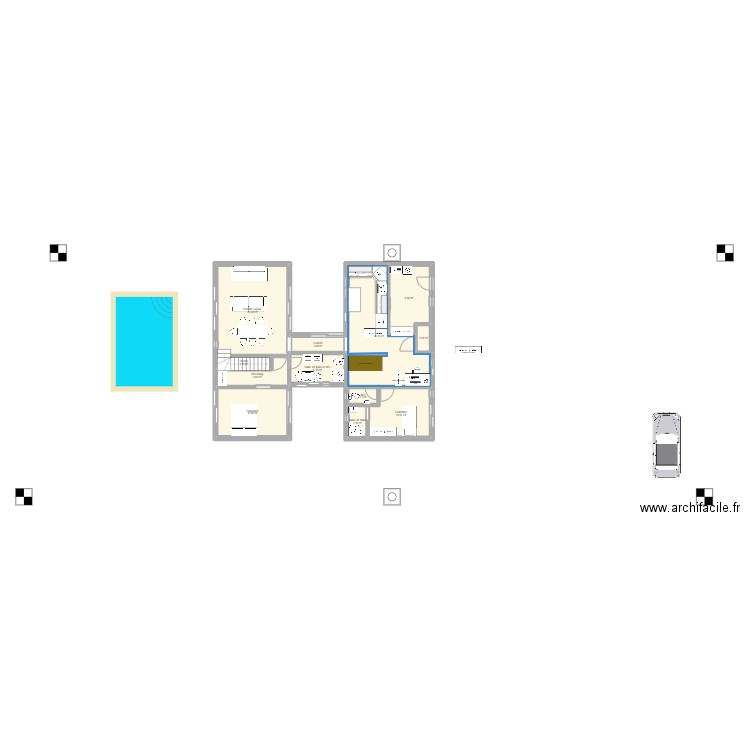 plan en H_3-08-24 Gilberte. Plan de 19 pièces et 152 m2