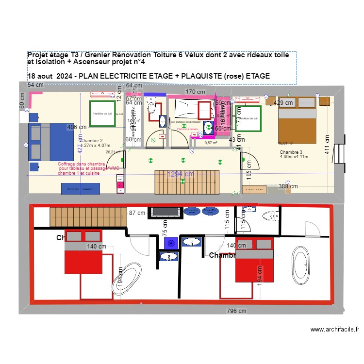 Projet 2 ETAGE T4 2 chambres avec sdb baignoire- 18 08 2024. Plan de 6 pièces et 52 m2