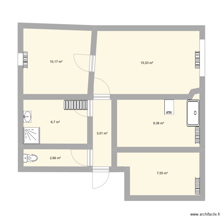 Apart. Plan de 7 pièces et 55 m2