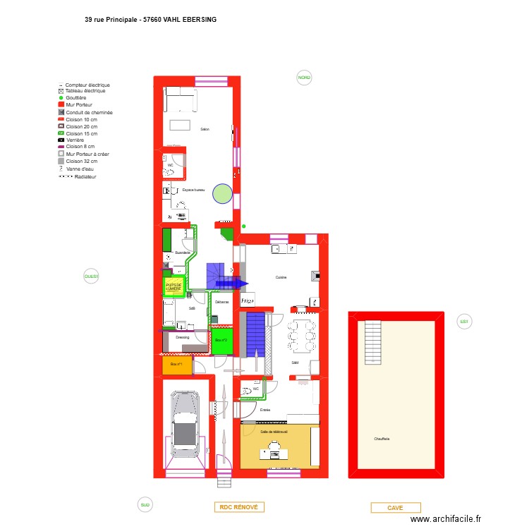 V-E_RDC rénové_chaufferie dans cave. Plan de 1 pièce et 44 m2