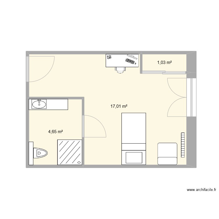 chambre 408 pré saint jean. Plan de 3 pièces et 23 m2