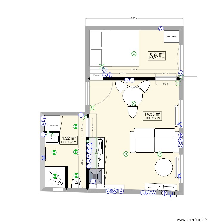 Studio - Plombieres v1 elec. Plan de 3 pièces et 25 m2