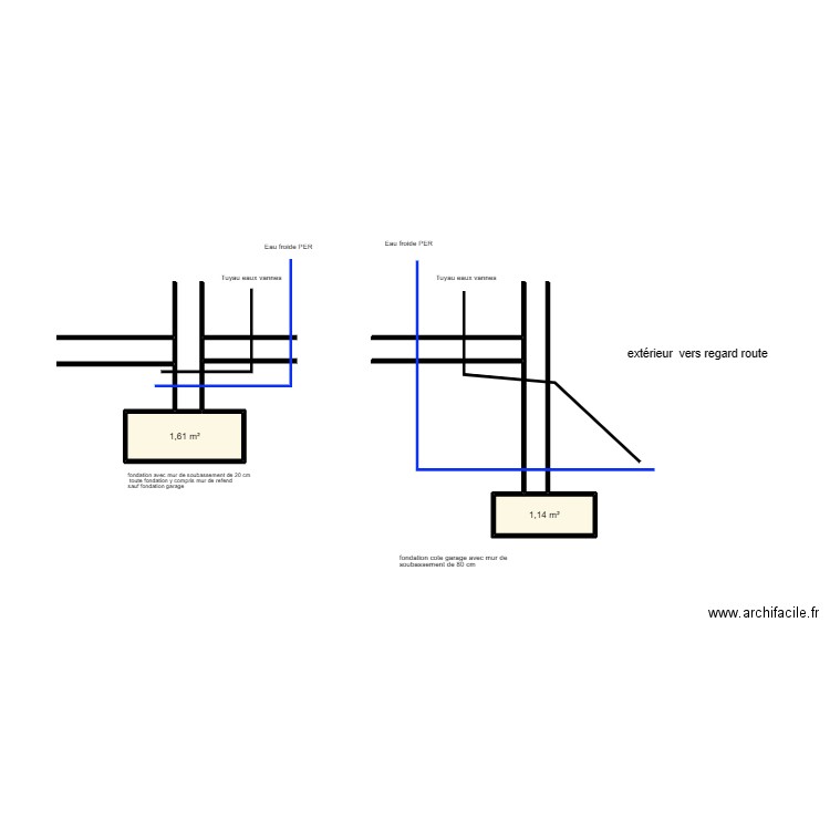 fondation. Plan de 2 pièces et 3 m2