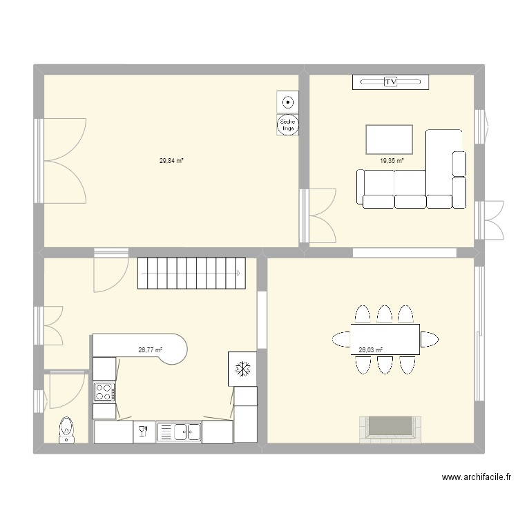 RDC + cuisine et wc//. Plan de 4 pièces et 102 m2