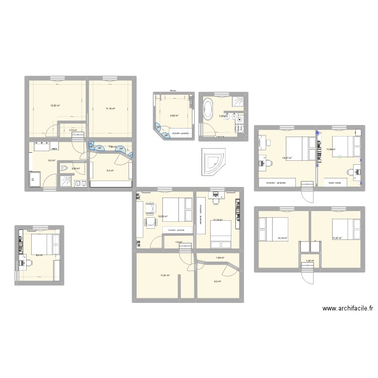 sous sol. Plan de 21 pièces et 165 m2