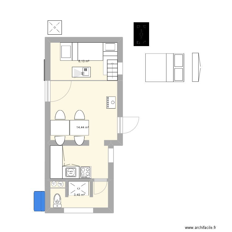 cabane sans agrandissement. Plan de 3 pièces et 24 m2