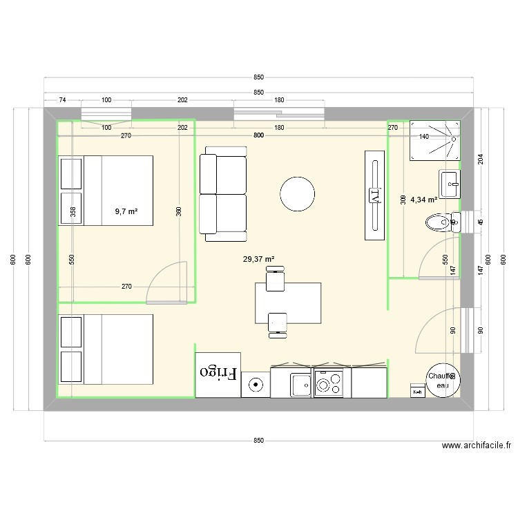 PLAN 8.50 V1. Plan de 3 pièces et 58 m2