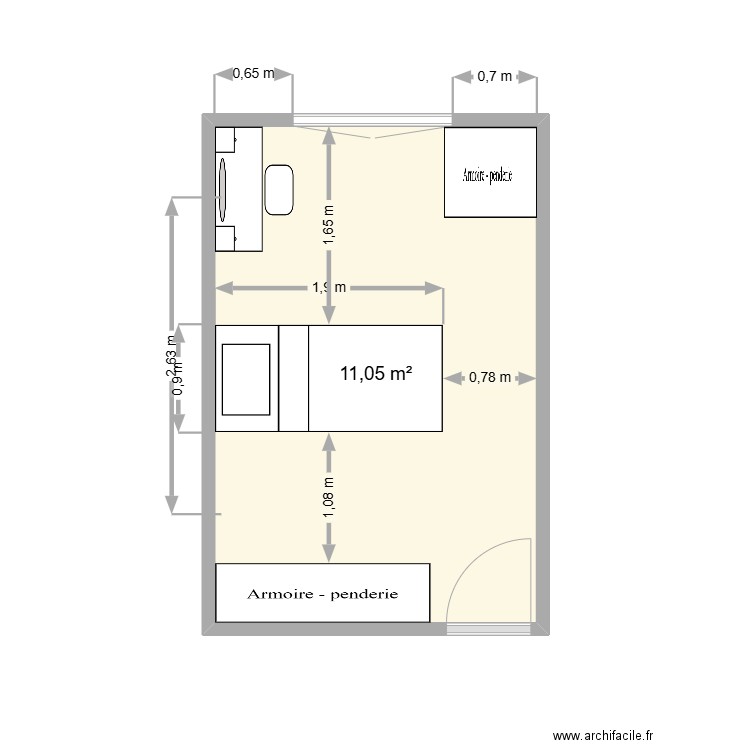 chambre lou V2. Plan de 1 pièce et 11 m2