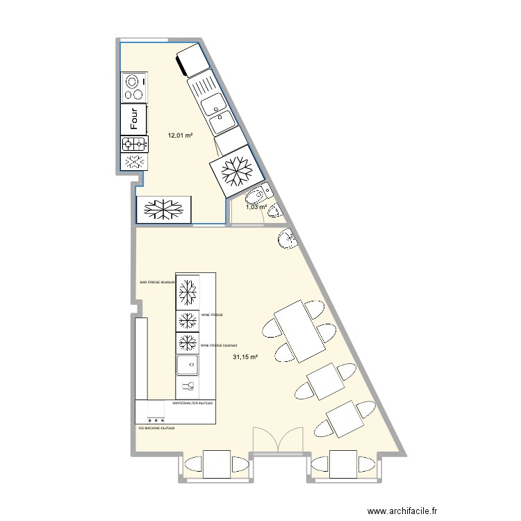 O Malta. Plan de 3 pièces et 44 m2