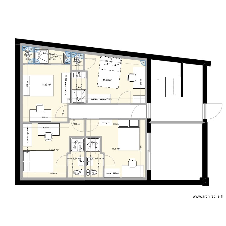 2èm G chambres. Plan de 10 pièces et 69 m2