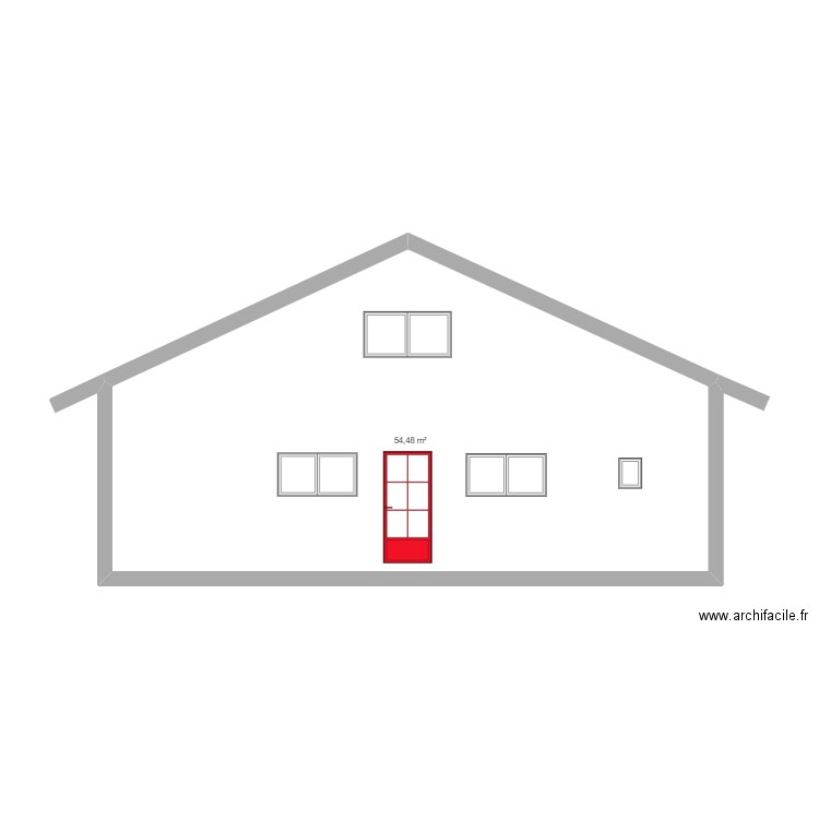 façade arrière. Plan de 1 pièce et 54 m2