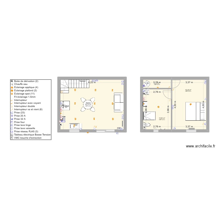 millas. Plan de 4 pièces et 60 m2