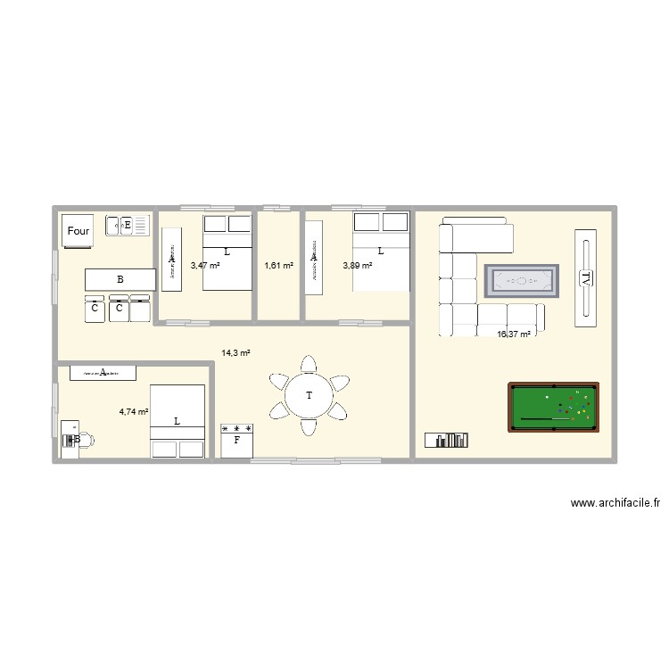 mine. Plan de 6 pièces et 44 m2