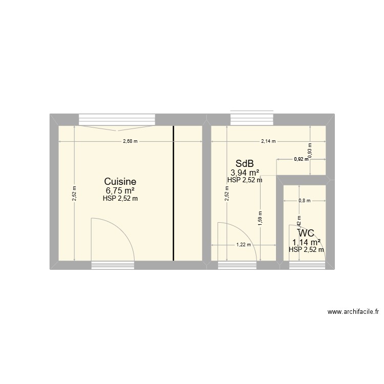 Cuisine-SdB-WC Ph2. Plan de 3 pièces et 12 m2