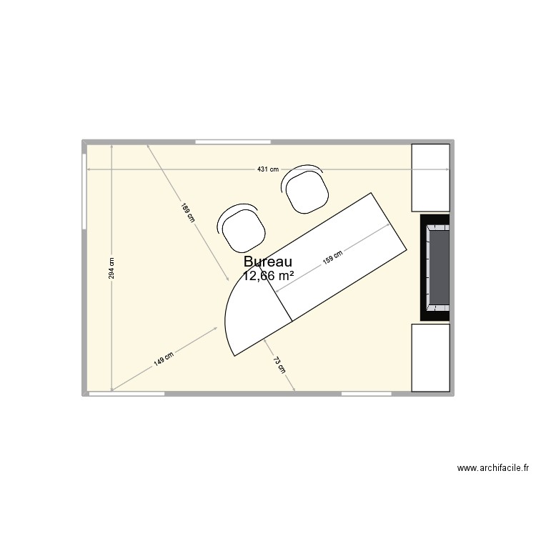 bureau AVF. Plan de 1 pièce et 13 m2