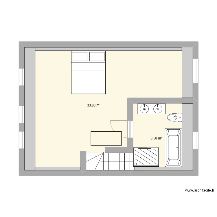 Chambre haut. Plan de 2 pièces et 42 m2