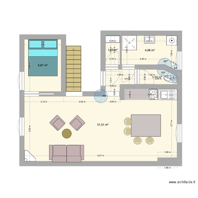 Romainville V2. Plan de 5 pièces et 45 m2