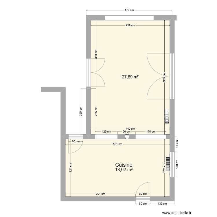 Cuisine travaux 5 Dimensions espaces. Plan de 2 pièces et 47 m2