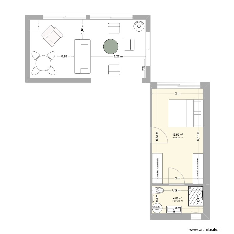 Salon. Plan de 2 pièces et 21 m2