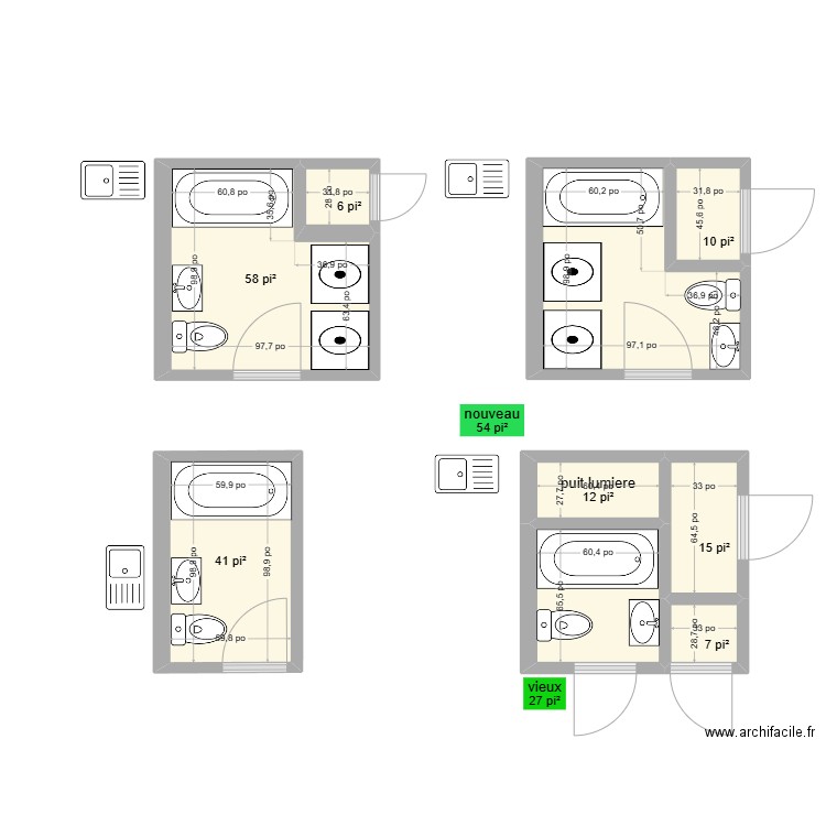 toilettes . Plan de 9 pièces et 21 m2