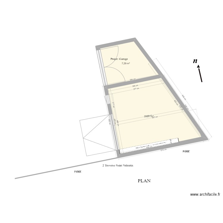 2 Plan de coupe vue de dessus cotation EXTENSION GARAGE EN BORDURE 7,15. Plan de 2 pièces et 28 m2