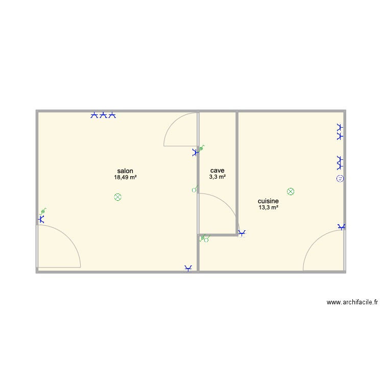 rdc petite maison. Plan de 3 pièces et 35 m2