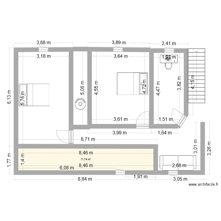 bazoge. Plan de 1 pièce et 12 m2