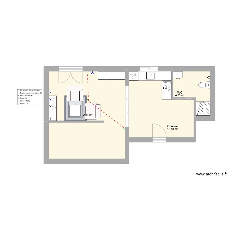 plan studio . Plan de 3 pièces et 39 m2