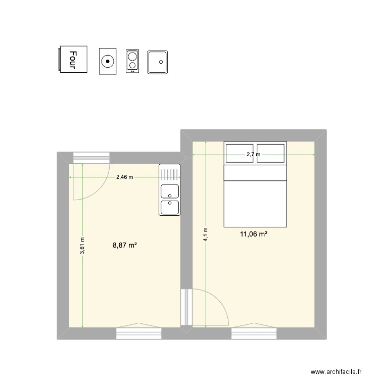 Loul v1. Plan de 2 pièces et 20 m2