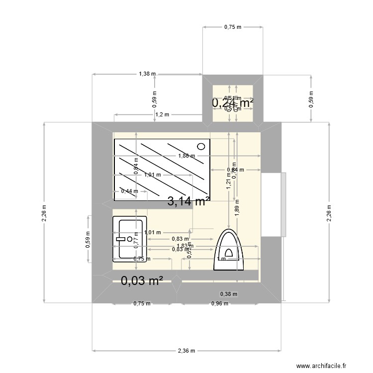 salle de bain. Plan de 3 pièces et 3 m2