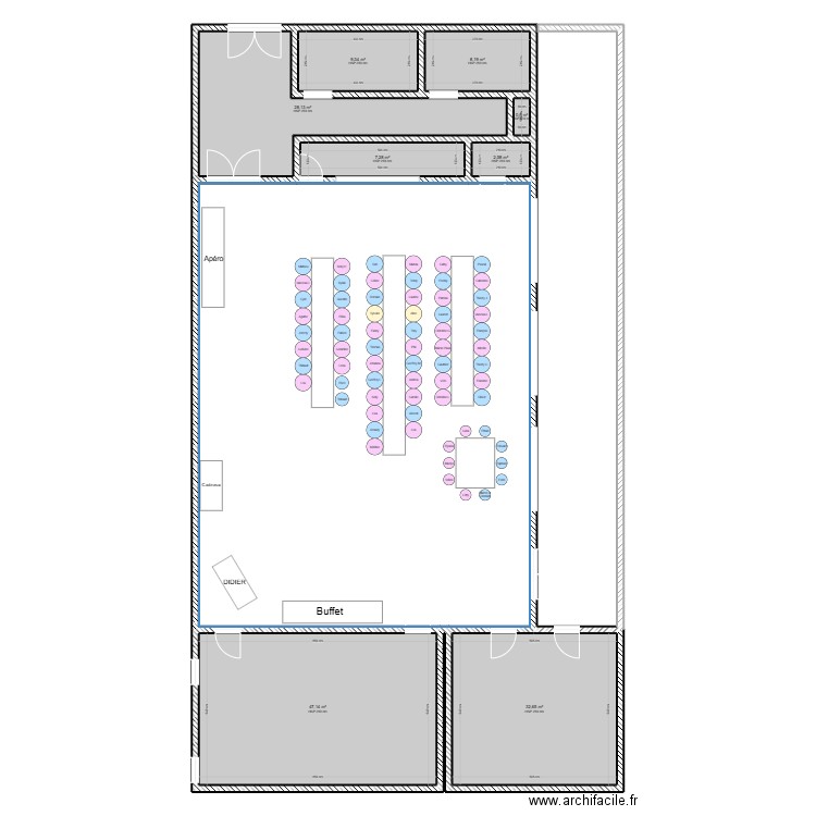 Salle des fêtes anniversaire. Plan de 9 pièces et 327 m2