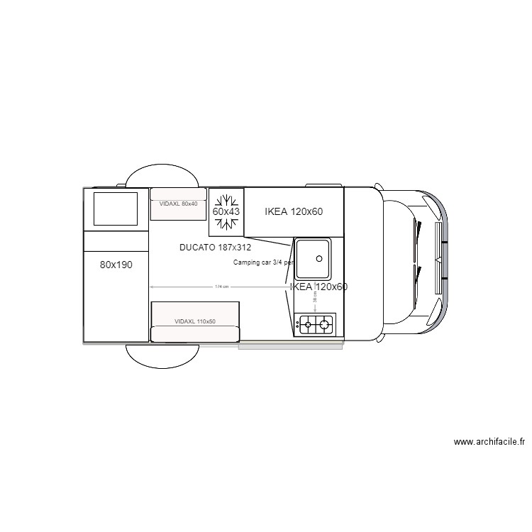 VAN cuisine transversale. Plan de 1 pièce et 6 m2