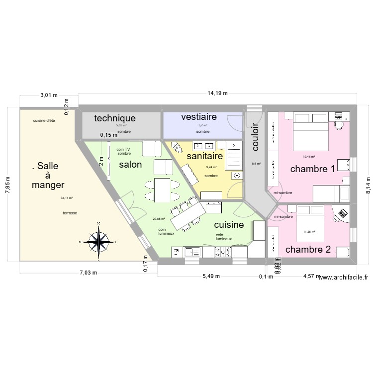 Maison sud 04. Plan de 8 pièces et 121 m2