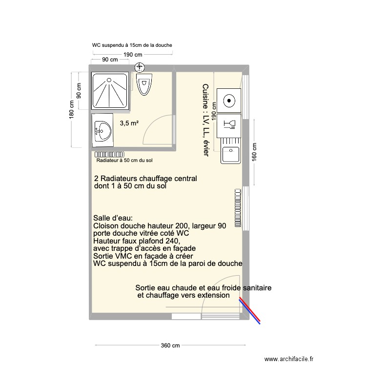 studio plomberie. Plan de 2 pièces et 20 m2