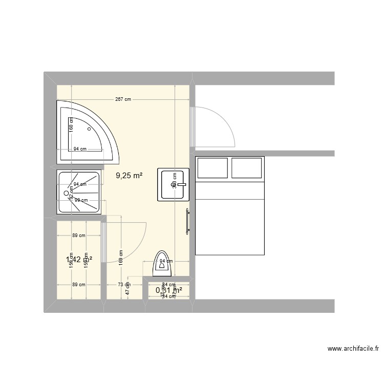 SDB SINISTRE. Plan de 3 pièces et 11 m2