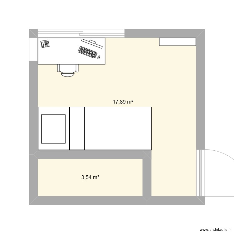 chambre. Plan de 2 pièces et 21 m2