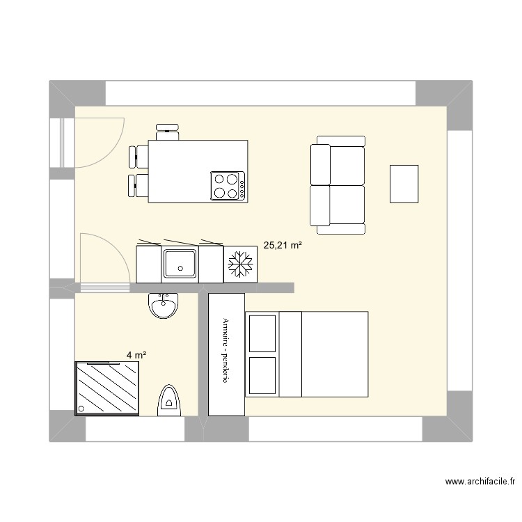 Studio. Plan de 2 pièces et 29 m2