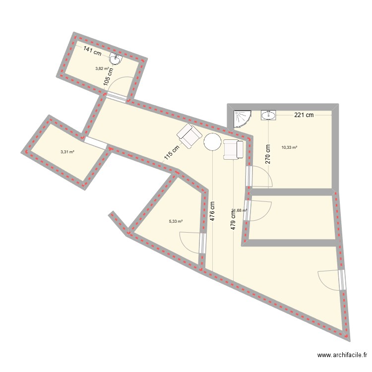 Institut Essentielle. Plan de 5 pièces et 54 m2