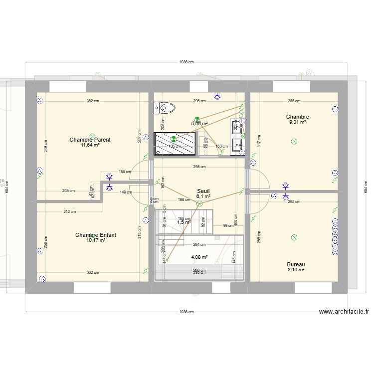 Electricité Emilien et Raita. Plan de 12 pièces et 121 m2