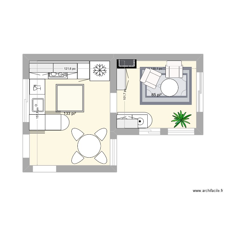 Cuisine milieu version 4. Plan de 2 pièces et 20 m2