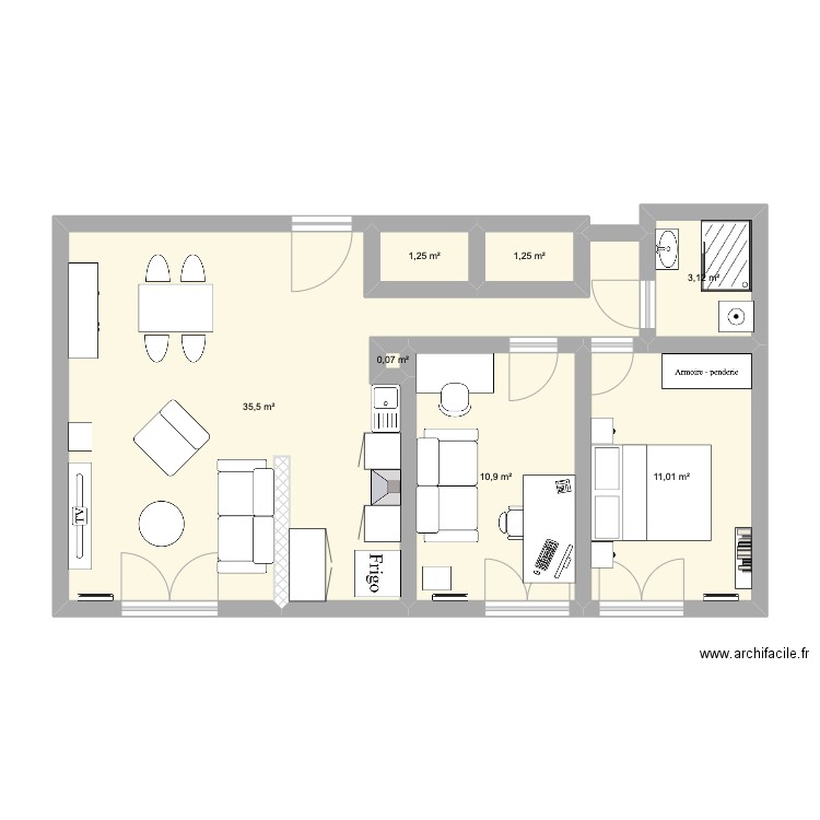 appartement des mimouches. Plan de 7 pièces et 63 m2