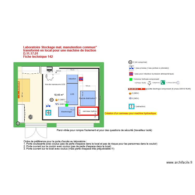 Fiche 142- Stockage mat. manutention commun - Version alternative pour machine d'essai. Plan de 1 pièce et 19 m2