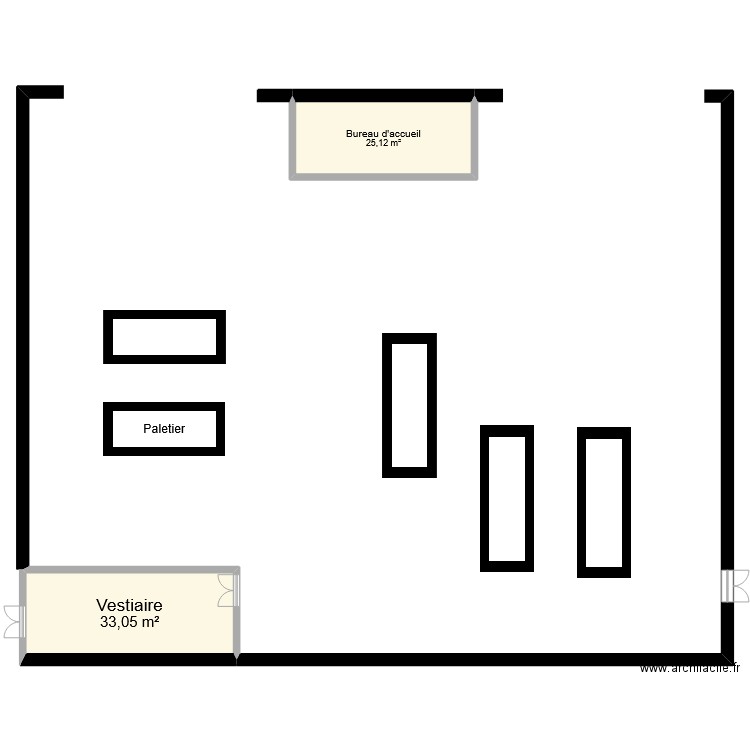 Entrepôt version 2. Plan de 2 pièces et 58 m2