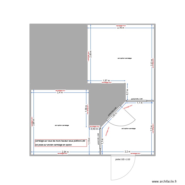 carrelage toilette collège filles. Plan de 6 pièces et 19 m2