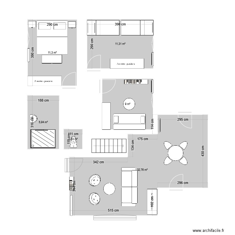 Chambres. Plan de 6 pièces et 72 m2