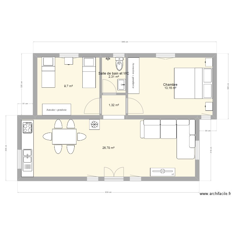 Dar 3arbi compact. Plan de 5 pièces et 53 m2