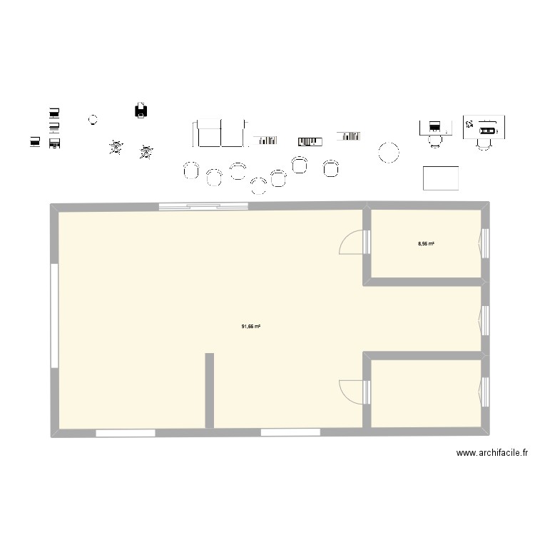 100m2. Plan de 2 pièces et 100 m2