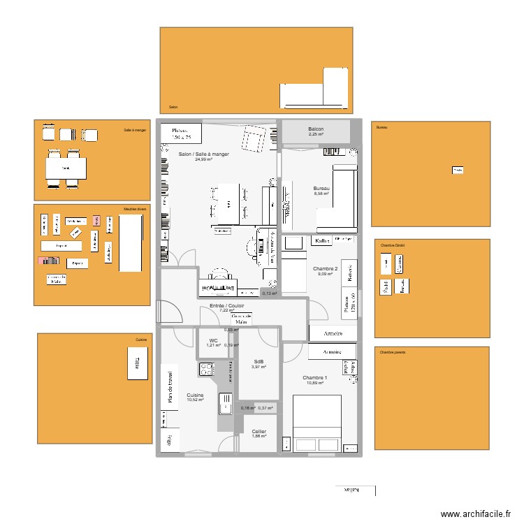 Aménagement pièces. Plan de 15 pièces et 81 m2